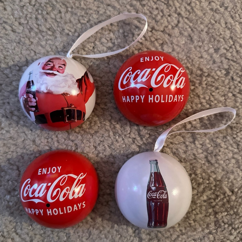 🧣Vintage Coca-Cola Coke Metal Ball Ornaments Set of 2 Fillable w/ Ribbon Hanger